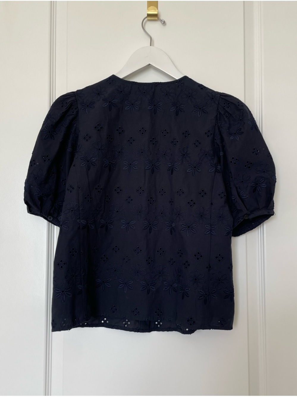 Ann Taylor Navy Eyelet Puff-Sleeve Button-Down Top - Picture 2 of 5